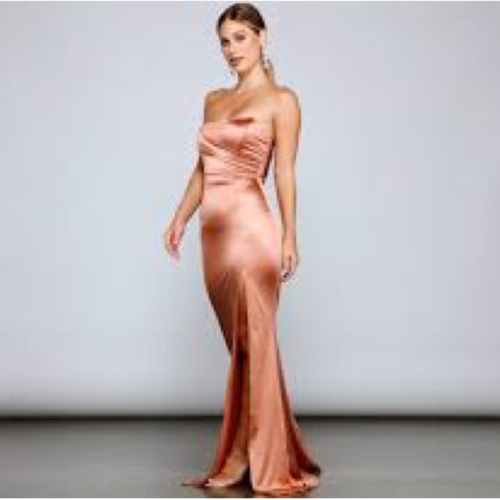 Windsor “Gianna Strapless High-Slit Satin Dress”